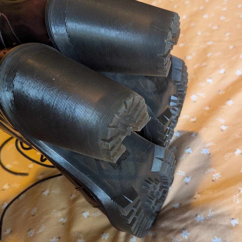 Dr. Martens Women's Burgundy Patent Leather Platform Ankle Boots - Picture 11 of 12